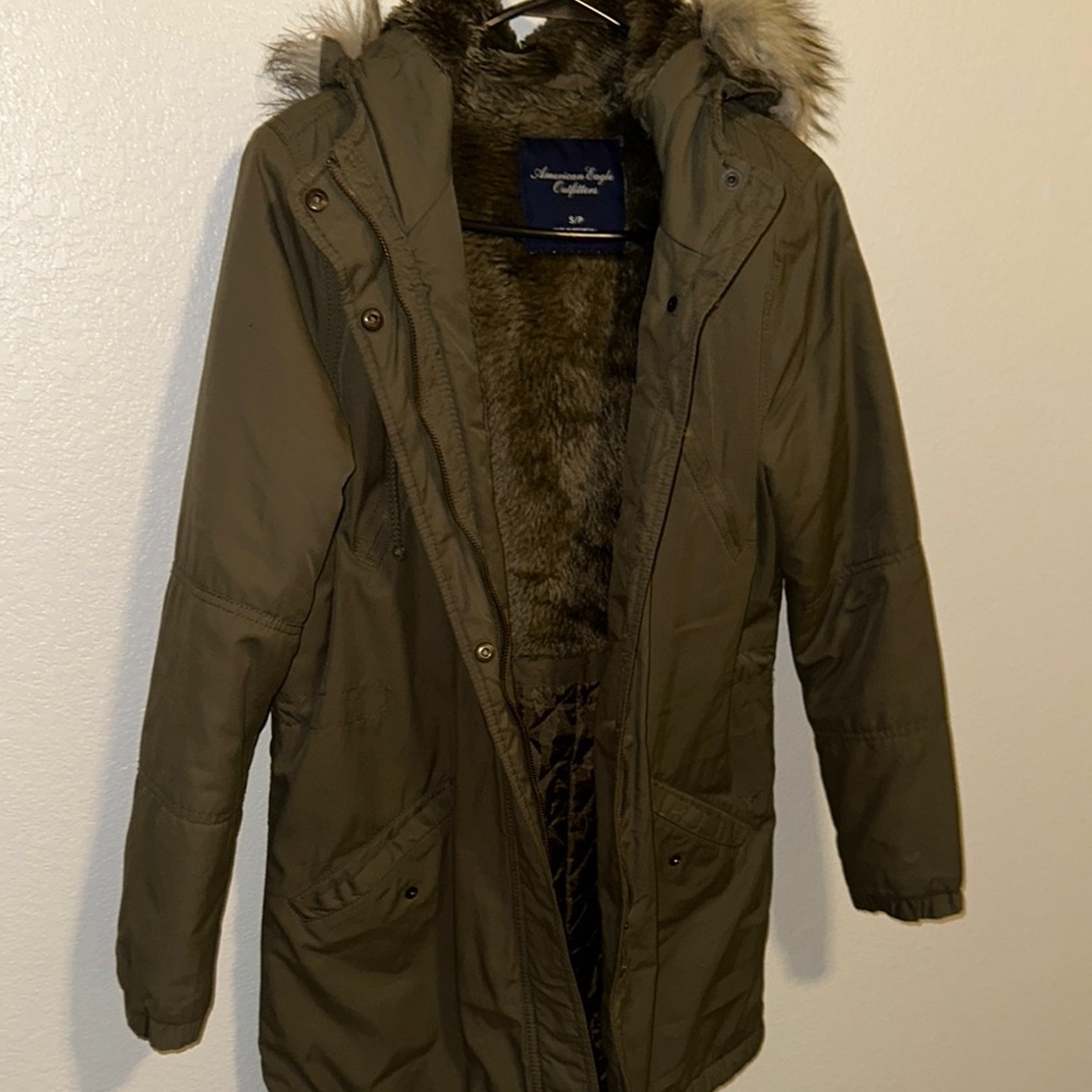 American Eagle Outfitters Khaki Jacket with Faux Fur